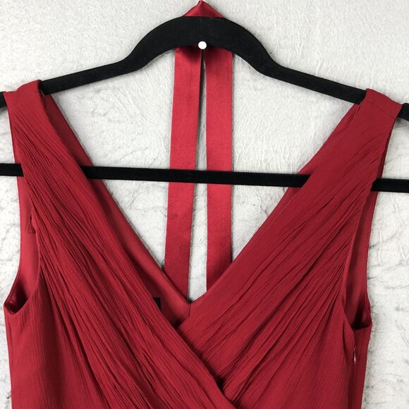 Donna Morgan Dress Womens 6 Red Silk Midi V Neck Pleated Bodice Formal Cocktail - Picture 12 of 15